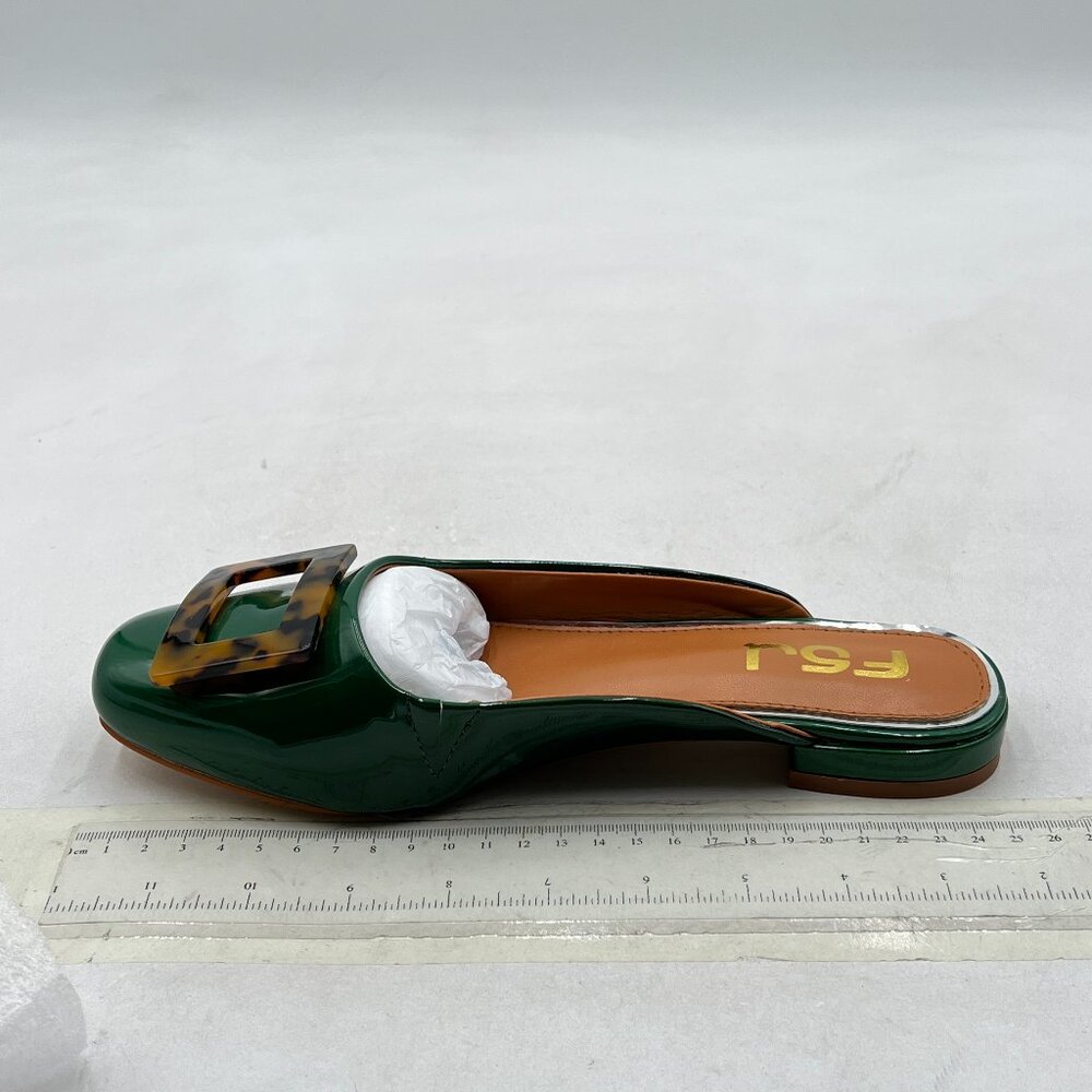 FSJ Dark Green Patent Mule with Tortoiseshell Buckle